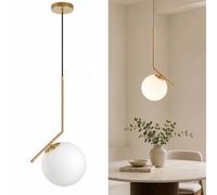 HJXDtech Lámpara Colgante de Techo Dorada Moderna con Esfera de Vidrio Blanco de 20cm, Casquillo E27, Luz Colgante de Altura Ajustable Para Salón, Dormitorio, Comedor y Cocina