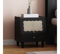 HJYBFA Dormitorio francés retro negro de madera maciza con cajones de almacenamiento dobles, mini armario de ratán de roble/mesa de café de madera negra-estilo nórdico de mediados de siglo (color