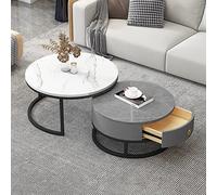 HJYXXSR Juego de 2 mesas auxiliares redondas, extremo lateral anidado con cajón de almacenamiento, marco de metal con textura de mármol de pizarra, té moderno para dormitorio, sala de estar