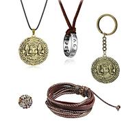 HJYZY 29 piezas Uncharted 4 Drake joyas anillo colgante collar grabado calavera oro moneda colgante collar llavero pegatinas conjunto pulsera hombre cuero marrón, Zinc, No es una piedra preciosa