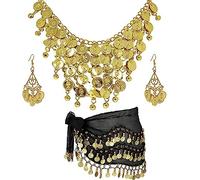 HJYZY 3 bufandas de cadera para danza del vientre para mujer, danza del vientre, lentejuelas doradas, cadena de cabeza, monedas, collar, aretes, accesorios de baile clásico, Metal, No es una piedra