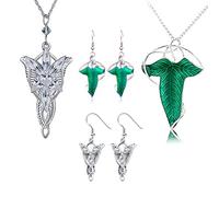 HJYZY 4 aretes de élfico vintage con diseño de hoja verde, collar con colgante de hoja elfa Aragorn Arwen Evenstar, Zinc, No es una piedra preciosa