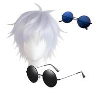 HJYZY Gorra de peluca de anime GoJ.S corta ondulada, color blanco claro, mezcla de plata, lentes de sol para cosplay, accesorios de disfraz de Halloween, 3 piezas