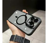 HJZSZX Funda con Soporte magnético para Lente de iPhone 15, Carcasa de Cristal Transparente con Anillo de Metal (para iPhone 15/Negro)