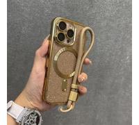 HJZSZX Funda de Lujo galvanizada para iPhone 15 Plus, Carcasa Suave con Carga inalámbrica y Cuerda de Mano con Purpurina (para iPhone 15 Plus/Dorado Desierto)