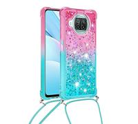 Hkess Funda Glitter Liquida con Cuerda para Xiaomi Mi 10T Lite 5G, Cadena Brillante Cristal Gradiente Silicona TPU Bumper con Ajustable Cordón, Protección Carcasa Case con Arena Movediza