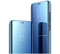 Hkess Funda para Huawei P30 Lite Translúcido Espejo Carcasa, Clear View Standing Cover Ultra Delgado Funda Libro Flip Espejo Case Soporte Plegable Smart Mirror Protectora Bumper,Azul
