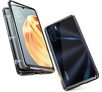Hkess Funda para OPPO A91 Carcasa Magnética Adsorción Funda Metal Bumper Cubierta Estuche 360 Grados Full Body Protección Caja Antes y Trasera Transparente Vidrio Templado Flip Case,Negro