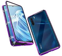 Hkess Funda para OPPO A91 Carcasa Magnética Adsorción Funda Metal Bumper Cubierta Estuche 360 Grados Full Body Protección Caja Antes y Trasera Transparente Vidrio Templado Flip Case,Morado