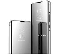 Hkess Funda para Xiaomi Mi 11 Lite Translúcido Espejo Carcasa, Clear View Standing Cover Ultra Delgado Funda Libro Flip Espejo Case Soporte Plegable Smart Mirror Protectora Bumper,Plata