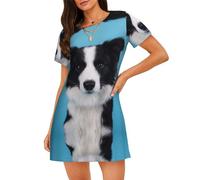 HKHLHLH Border Collie - Camisón de manga corta para mujer, camisón de plumón con cuello redondo, vestido de pijama, Negro, XL