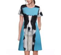 HKHLHLH Border Collie - Vestido de manga corta para mujer con bolsillos, falda de verano suave acampanada, cintura elástica, vestido casual fluido, Negro, 3XL