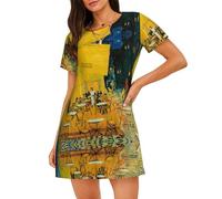 HKHLHLH Cafe Terrace At Night - Camisón de manga corta para mujer, camisón de plumón con cuello redondo, vestido de pijama, Negro, M