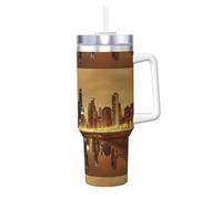 HKHLHLH Chicago Prinitng - Taza de café de acero inoxidable de 40 onzas, taza de café de viaje con asa y tapa, a prueba de fugas, reutilizable