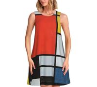 HKHLHLH Composición en rojo, amarillo, azul y negro, vestido de verano casual sin mangas con cuello redondo para mujer, vestido largo de playa, trajes de vacaciones, Negro, L