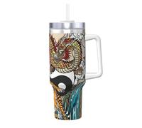 HKHLHLH Dragon and Tiger Prinitng - Taza de café de acero inoxidable de 40 onzas, taza de café de viaje con asa y tapa, a prueba de fugas, reutilizable
