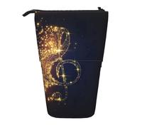 HKHLHLH Estuche para lápices con diseño de notas musicales doradas con estrella brillante caída, soporte telescópico para bolígrafos, bolsa de cosméticos, para niñas y niños y estudiantes, Black