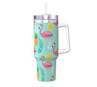 HKHLHLH Flamingo Prinitng - Taza de café de acero inoxidable de 40 onzas, taza de café de viaje con asa y tapa, a prueba de fugas, reutilizable