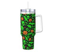HKHLHLH Green Ghost Horror Halloween Pumpkin Prinitng - Taza de café de acero inoxidable de 1,134.0 g con asa y tapa, a prueba de fugas, reutilizable