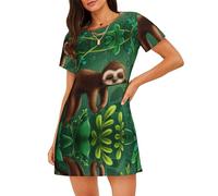 HKHLHLH Lindo y divertido perezoso relajante en el árbol de la selva para mujer, camisón de manga corta, camisón de plumón con cuello redondo, vestido de pijama, Negro, XL