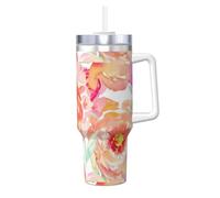 HKHLHLH Peach Peony Prinitng - Taza de café de acero inoxidable de 40 onzas, taza de café de viaje con asa y tapa, a prueba de fugas, reutilizable