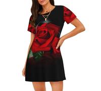 HKHLHLH Red Roses - Camisón de manga corta para mujer, camisón de plumón con cuello redondo, vestido de pijama, Negro, S