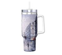 HKHLHLH Taza de café de acero inoxidable con asa y tapa, a prueba de fugas, reutilizable, diseño de árbol de la ciudad de París, 1,134.0 g