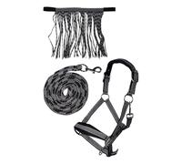 HKM Juego de cabestro -Lilly con mosquetón y flecos de mosca, incluye cuerda de guía (negro, completo)