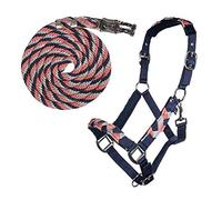 HKM Santa Rosa - Juego de cabestro con gancho para pánico, color rojo vino, azul marino y beige, talla poni