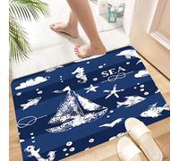 HKPOEQ Alfombra de Baño Antideslizante 40x60 cm,Estampado de Sello Blanco Grunge, Ancla de velero, Peces, Gaviota sobre Fondo,Microfibra Súper Absorbente y Suave, Alfombrilla Lavable y Ducha o Bañera