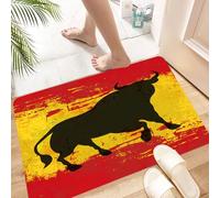 HKPOEQ Alfombra de Baño Antideslizante 40x60 cm,Fondo con los Colores españoles y un Toro Negro.,Microfibra Súper Absorbente y Suave, Alfombrilla Lavable y Ducha o Bañera