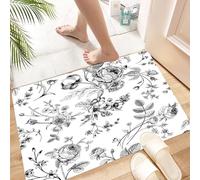 HKPOEQ Alfombra de Baño Antideslizante 40x60 cm,Ramo Victoriano de Flores Negras sobre Fondo Blanco. Rosas de jardín, tulipan,Microfibra Súper Absorbente y Suave, Alfombrilla Lavable y Ducha o Bañera