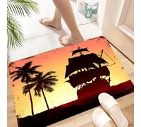 HKPOEQ Alfombra de Baño Antideslizante 60x90 cm,Barco Pirata y bucanero navegando en Aguas misteriosas, Palmeras Tropicales,Microfibra Súper Absorbente y Suave, Alfombrilla Lavable y Ducha o Bañera