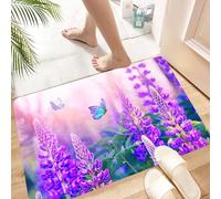 HKPOEQ Alfombra de Baño Antideslizante 60x90 cm,Las Mariposas Azules revolotean Entre Las Flores de lupino púrpura con una he,Microfibra Súper Absorbente y Suave, Alfombrilla Lavable y Ducha o Bañera