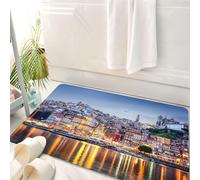 HKPOEQ Alfombrilla de Baño de Microfibra, Tapete para Puerta y Mascotas, Súper Grueso y Absorbente,Ciudad, Colorido Paisaje Urbano de Arquitectura a lo Largo de la Orilla del río en el ca,50 x 80 cm