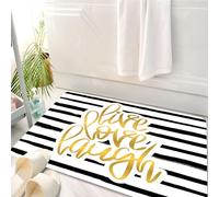 HKPOEQ Alfombrilla de Baño de Microfibra, Tapete para Puerta y Mascotas, Súper Grueso y Absorbente,Elegantes Letras Doradas sobre Fondo de Rayas Blancas y Negras: Vive, ama, ríe.,50 x 80 cm