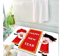 HKPOEQ Alfombrilla de Baño de Microfibra, Tapete para Puerta y Mascotas, Súper Grueso y Absorbente,Escena de Año Nuevo, Dos niños con Trajes Tradicionales sosteniendo un Cartel de Feliz,50 x 80 cm