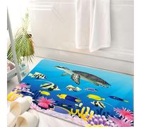 HKPOEQ Alfombrilla de Baño de Microfibra, Tapete para Puerta y Mascotas, Súper Grueso y Absorbente,Escena del océano, Tortuga Nadando Entre Coloridos Peces Tropicales y corales.,50 x 80 cm