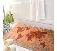 HKPOEQ Alfombrilla de Baño de Microfibra, Tapete para Puerta y Mascotas, Súper Grueso y Absorbente,Rústico, Pared de ladrillo con patrón de Reflejo de Mapa del Atlas Mundial, Escena artís,50 x 80 cm