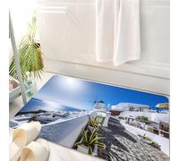 HKPOEQ Alfombrilla de Baño de Microfibra, Tapete para Puerta y Mascotas, Súper Grueso y Absorbente,Santorini, Edificios encalados, Molinos de Viento y el mar Egeo bajo la espléndida luz d,50 x 80 cm