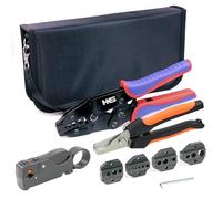 HKS Kit de herramientas de prensado de trinquete coaxial para cable RG coaxial conector RF con 5 troqueles intercambiables, pelacables coaxiales rotatorios y pelacantes/cortador