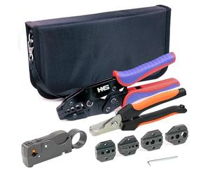 HKS Kit de herramientas de prensado de trinquete coaxial para cable RG coaxial conector RF con 5 troqueles intercambiables, pelacables coaxiales rotatorios y pelacantes/cortador