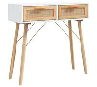 HKTMGDNG Mesa consola blanca 80 x 30 x 75 cm, mesa de pasillo con 2 cajones de ratán natural, mesa auxiliar de madera de pino, mesa escandinava para pasillo y salón
