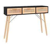 HKTMGDNG Mesa consola negra 105 x 30 x 75 cm - Mesa de pasillo con 3 cajones de ratán natural y patas de madera maciza - Mesa auxiliar escandinava para pasillo y salón