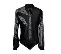 HKYBCF Baile Latino Latin Dance Shirts Men Rhinestone Net Yarn Long Sleeve Competition Men's Top Rumba Samba Dancewear Mens para Hombres(XXL)