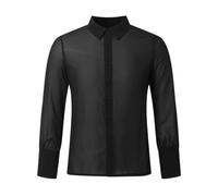 HKYBCF Baile Latino Men's Latin Dance Top Black Thin Breathable Casual Sexy V-neck Long Sleeves Turn-down Collar Single-Breasted Shirt para Hombres(XL)