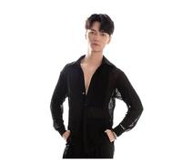 HKYBCF Baile Latino Mesh Long Sleeved Shirts Latin Dance Tops For Men Adult Ballroom Chacha Rumba Tango Practice Wear para Hombres(Black,L)