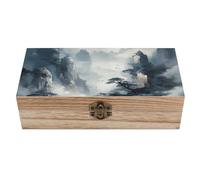 HLBSDM Caja de almacenamiento de madera vintage, estilo tradicional con paisaje, para guardar joyas, fotos y cartas, elegante organizador de escritorio para decoración del hogar y la oficina.