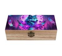 HLBSDM Caja de madera para guardar joyas con cierre frontal, estuche organizador decorativo con diseño de luna llena, flor y lobo morado, ideal para recuerdos de aniversario de bodas.