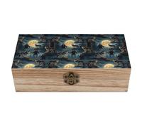 HLBSDM Caja decorativa de madera para guardar recuerdos con tapa abatible, organizador de joyas con diseño de lobo y luna llena, estuche de cumpleaños para recuerdos y decoración del hogar.